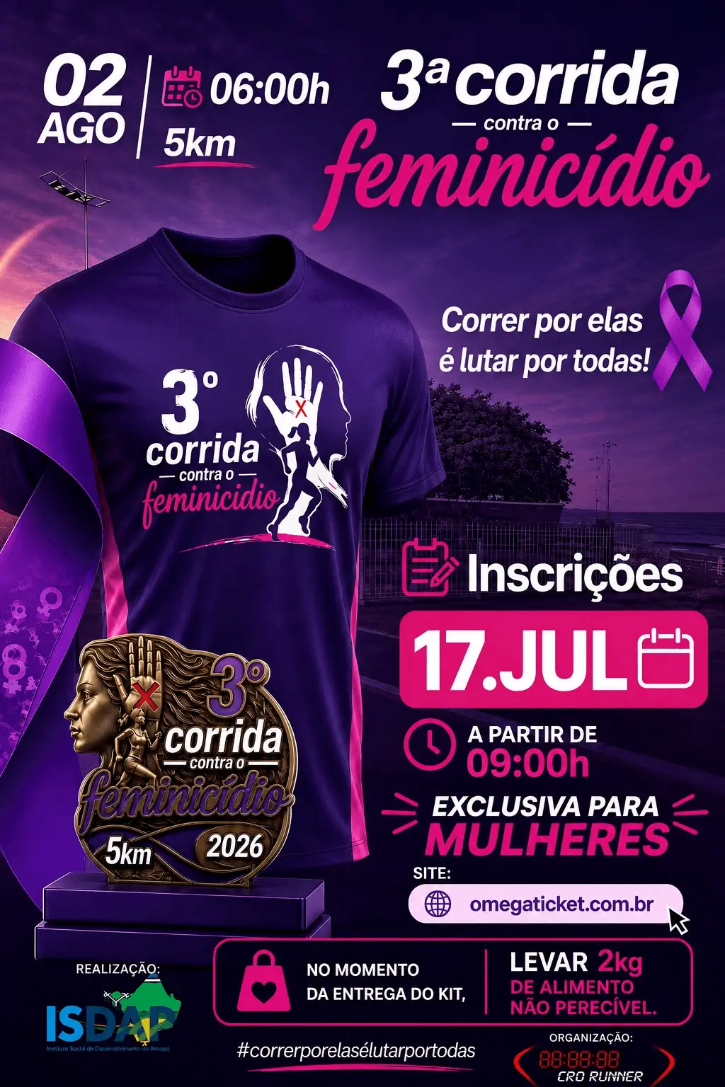 Arte oficial da 3ª Corrida Contra o Feminicídio — 02 de agosto de 2026, 06h00, 5km